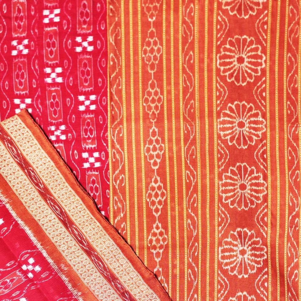 Red, White and Light Brown Sambalpuri Handwoven Cotton Saree Pasa 1