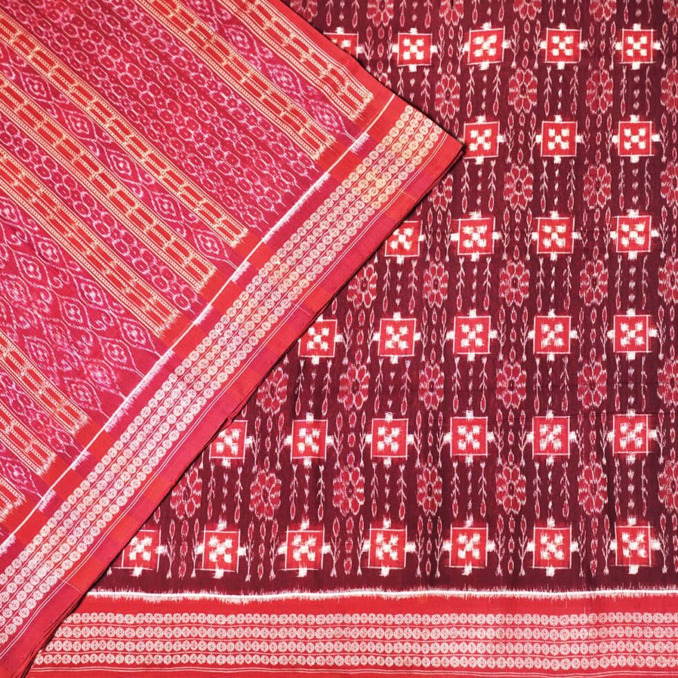 Red, White, and Maroon Sambalpuri Handwoven Cotton Saree 1