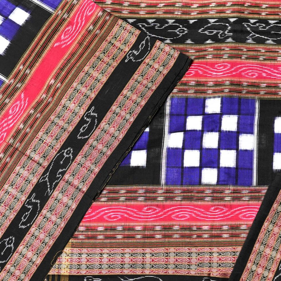 Royal Blue, Black, and Red Sambalpuri Handwoven Cotton Saree Pasa 1