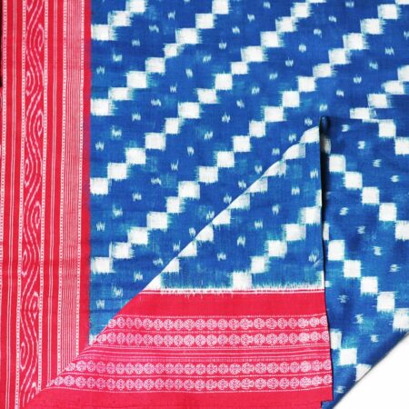 Teal Blue, White and Red Sambalpuri Handwoven Cotton Saree 1