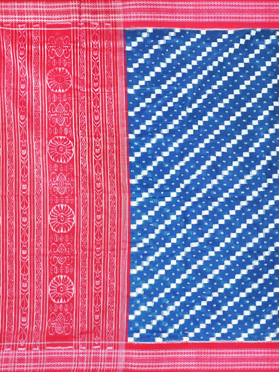 Teal Blue, White and Red Sambalpuri Handwoven Cotton Saree 3