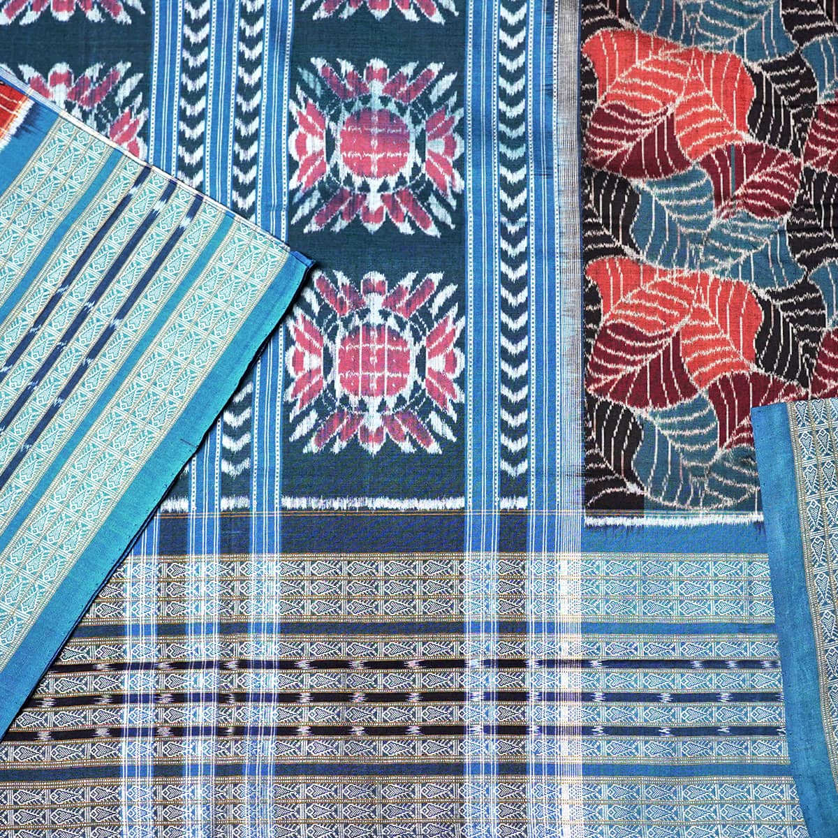 Teal Blue and Peach Sambalpuri Handwoven Cotton Saree 1