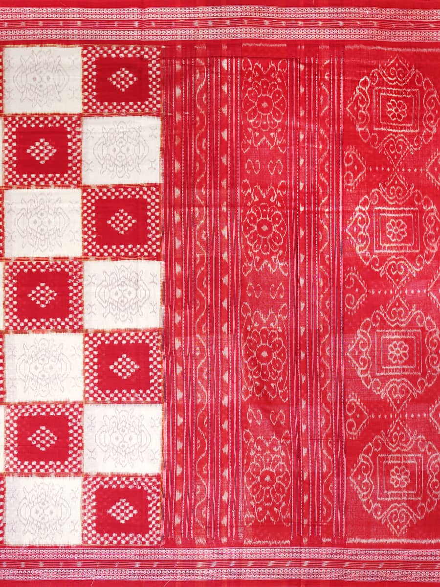 White and Red Sambalpuri Handwoven Cotton Saree - Pasa 3