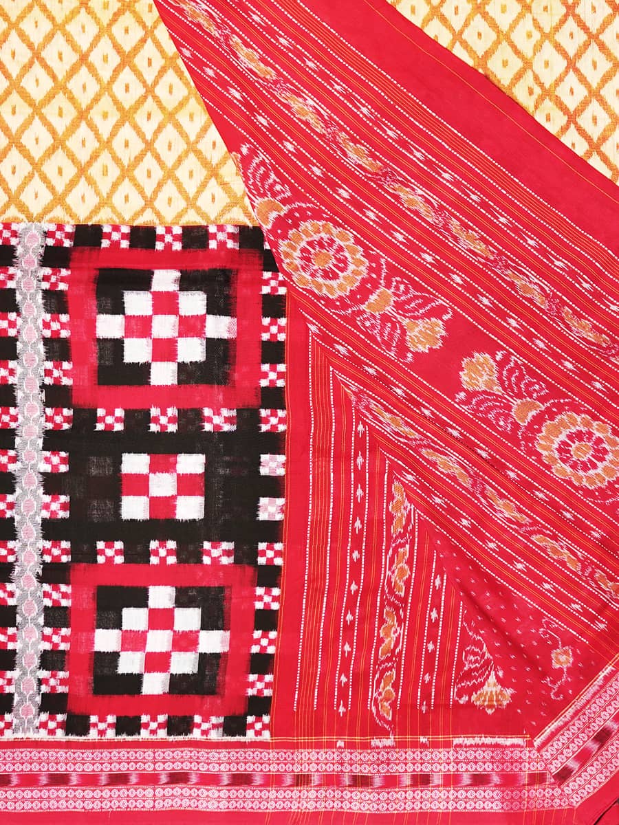 Yellow, Red, and Black Pasa Sambalpuri Handwoven Cotton Saree 3