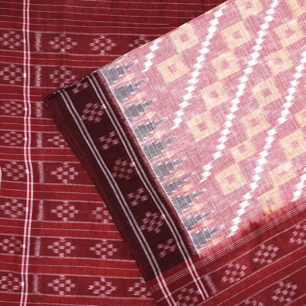 Blossom Pink and Rum Red Sambalpuri Cotton Saree 1