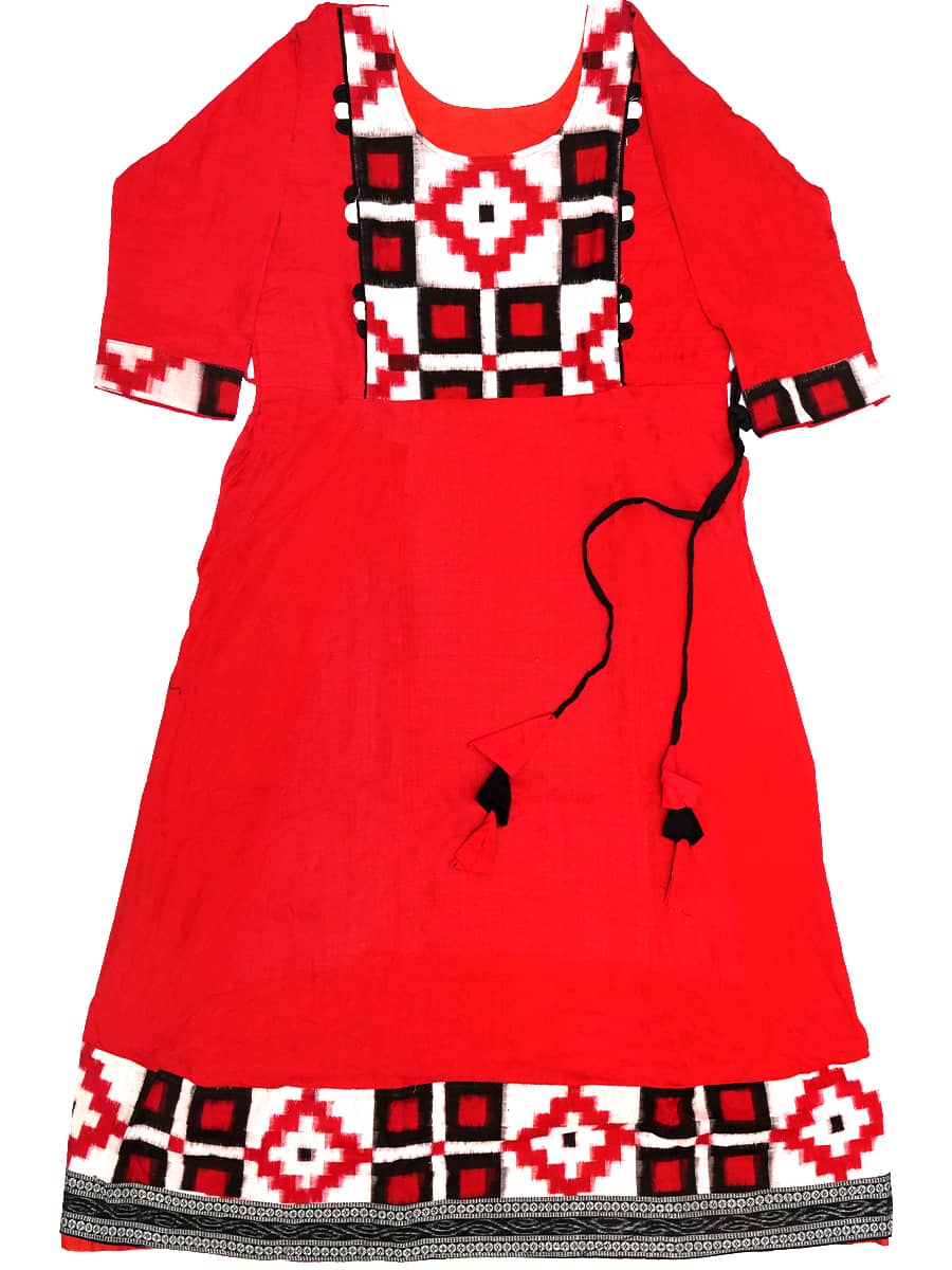 Bright Red and White Handwoven Cotton String Kurti