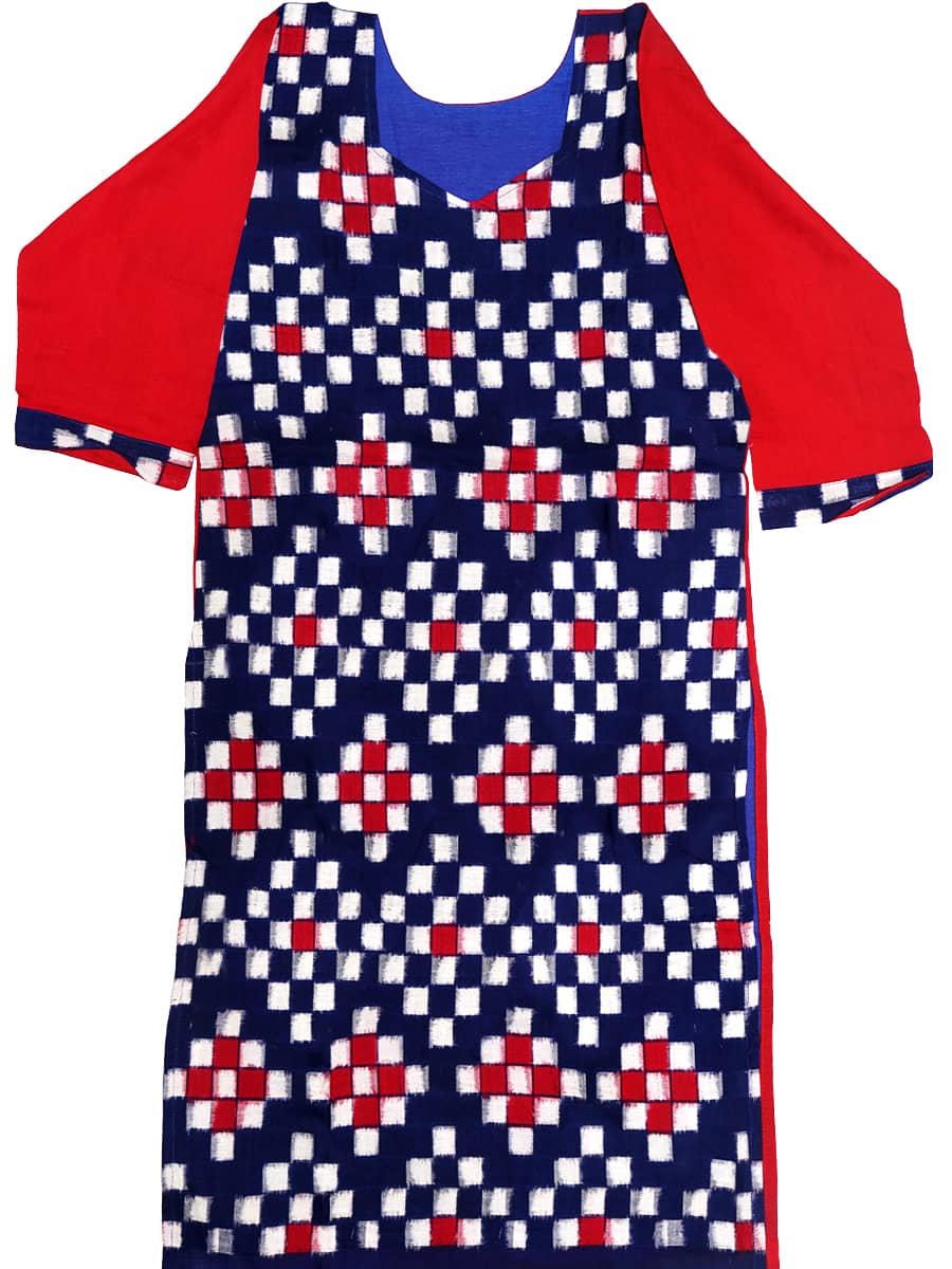 Cadmium Red and  Blue Handwoven Pasa Cotton Kurti