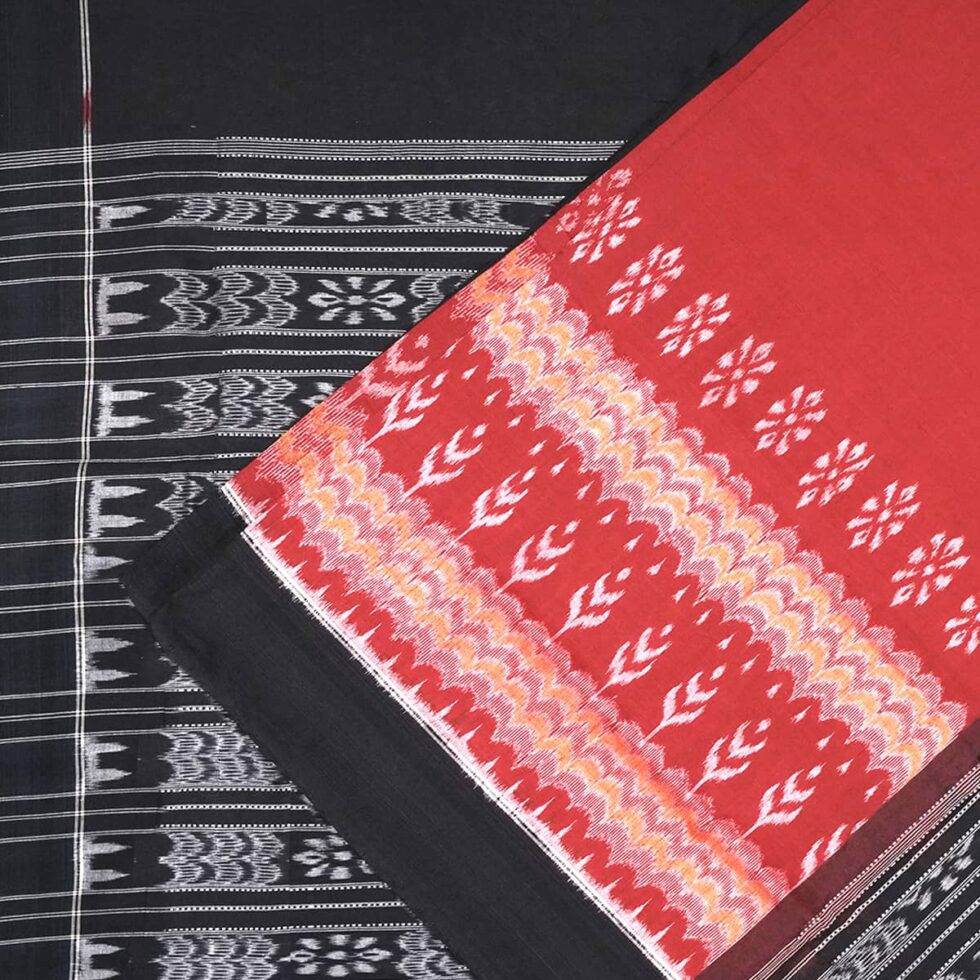 Cranberry and Jade Black Sambalpuri Cotton Saree 1