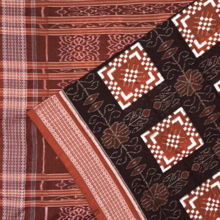 Ebony Black, Gingerbread, and Lace White Sambalpuri Pasa Cotton Saree 1