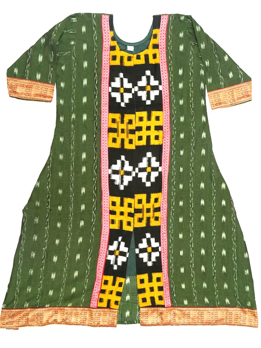 Green and Black Handwoven Cotton Front Slit Kurti