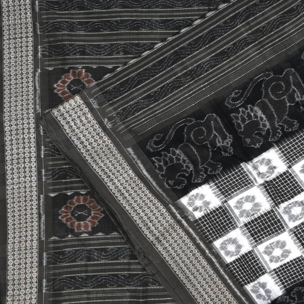 Ink Black, Cotton White, and Iron Grey Sambalpuri Cotton Saree 1