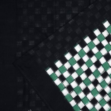 Jade Green, Ebony Black, and Pearl White Chess Sambalpuri Cotton Saree 1