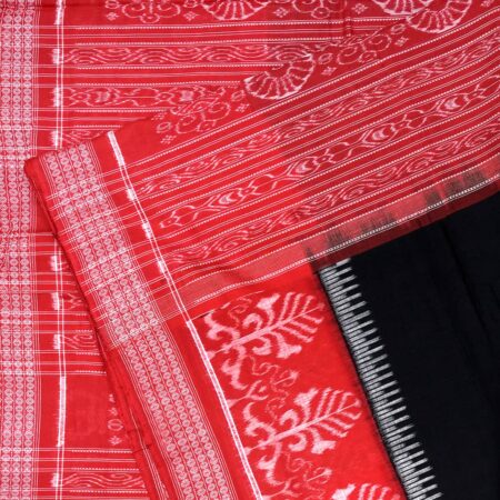 Jet Black and Cherry Red Sambalpuri Cotton Saree 1