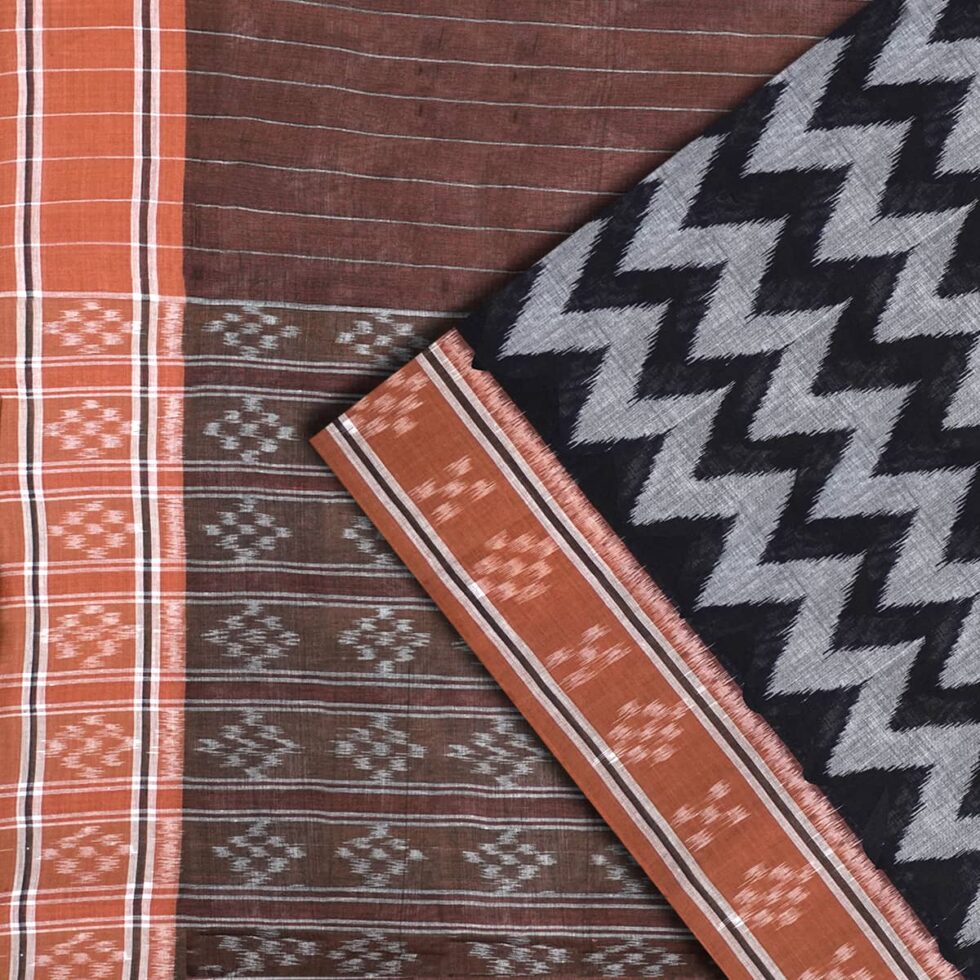 Midnight Black, Elephant Grey, and Cinnamon Sambalpuri Zigzag Cotton Saree 1