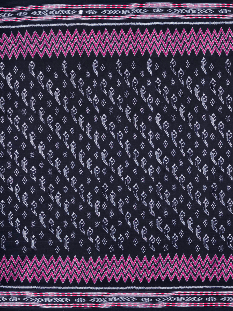 Obsidian Black, Pink, and White Zigzag Sambalpuri Cotton Saree