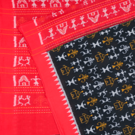 Onyx Black and Bright Red Tribal Detailed Sambalpuri Cotton Saree 1