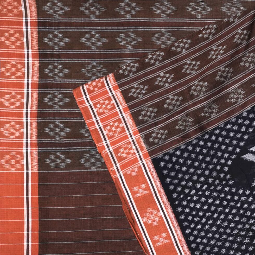 Pitch Black and Dark Elm Brown Sambalpuri Cotton Saree 1