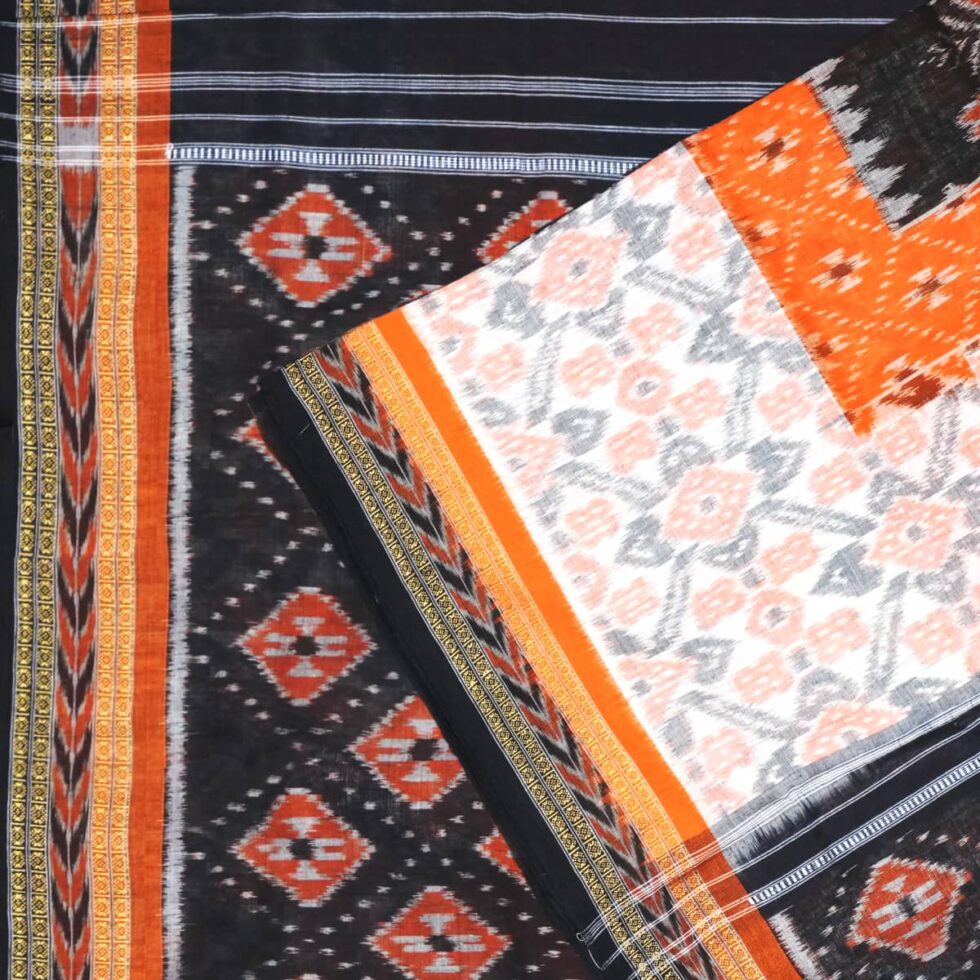 Powder White, Carrot Orange, and Coal Black Sambalpuri Cotton Saree 1