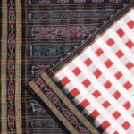 Powder White, Crimson Red, and Soot Black Sambalpuri Ikat Cotton Saree 1