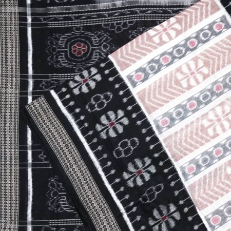 Sand Peach, Trout, and Ink Black Sambalpuri Cotton Saree 1