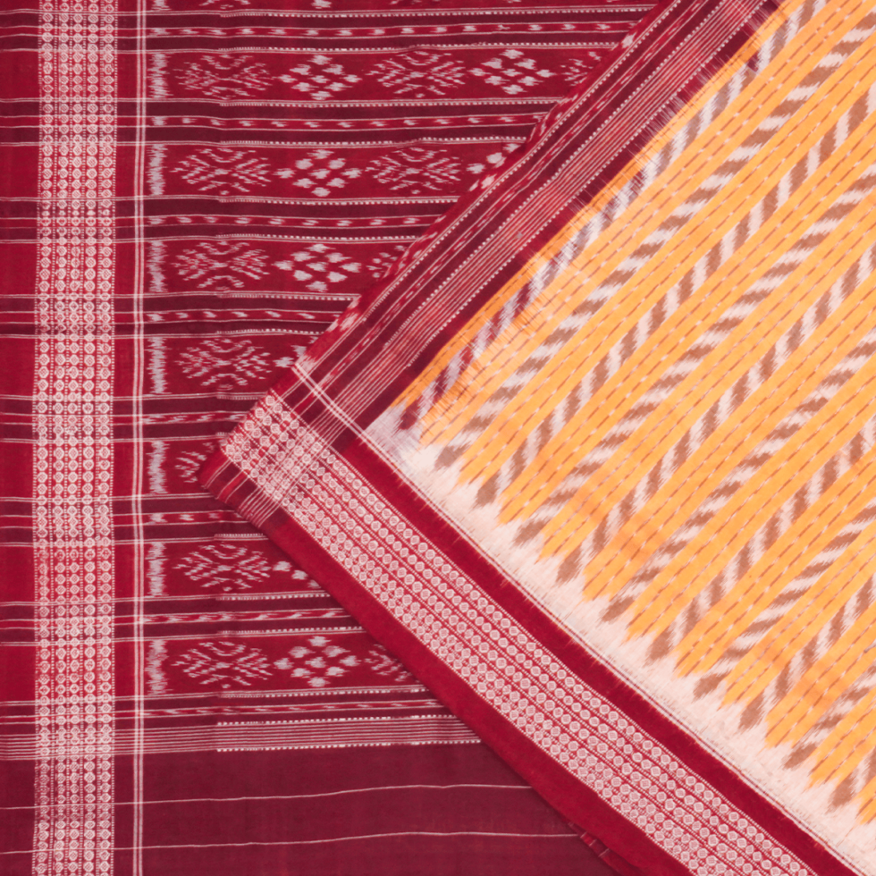 Sepia, Lime Yellow, and Burgundy Sambalpuri Cotton Saree 1