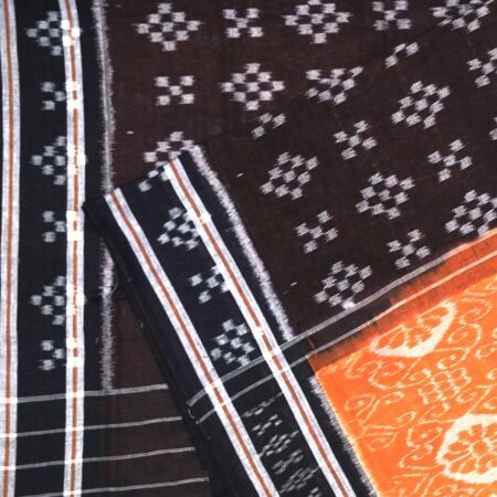 Tangerine and Pitch Black Sambalpuri Pasapalli Cotton Saree 1