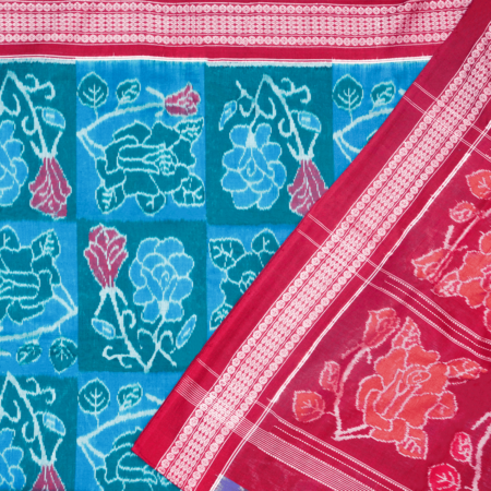 Teal Blue and Burgundy Sambalpuri Cotton Saree 1