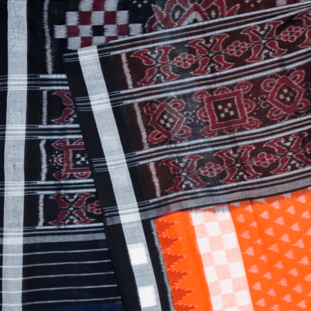 Tiger Orange, White, and Navy Sambalpuri Cotton Saree 1