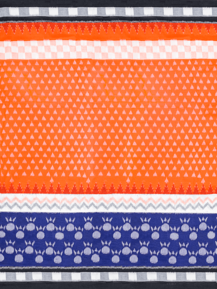 Tiger Orange, White, and Navy Sambalpuri Cotton Saree